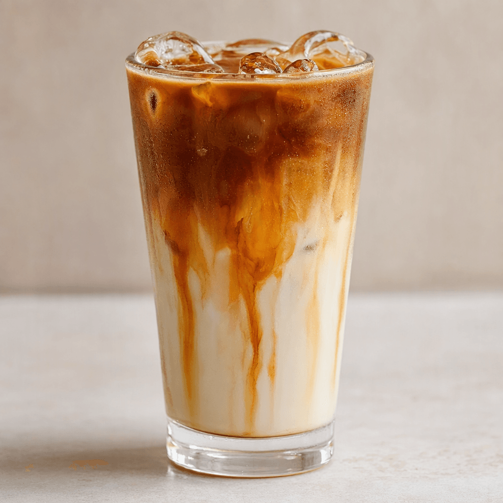 A tall clear glass holds a layered iced latte with pale milk, darker coffee, amber-brown sugar syrup streaks, and visible ice cubes, with light condensation on the outside.