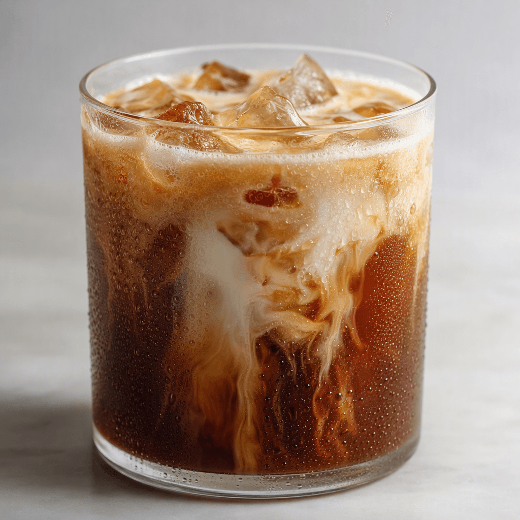 A clear tumbler holds dark brown iced coffee with a pale creamy layer of milk swirling through it, several angular ice cubes visible beneath the surface, and condensation beading on the outside.