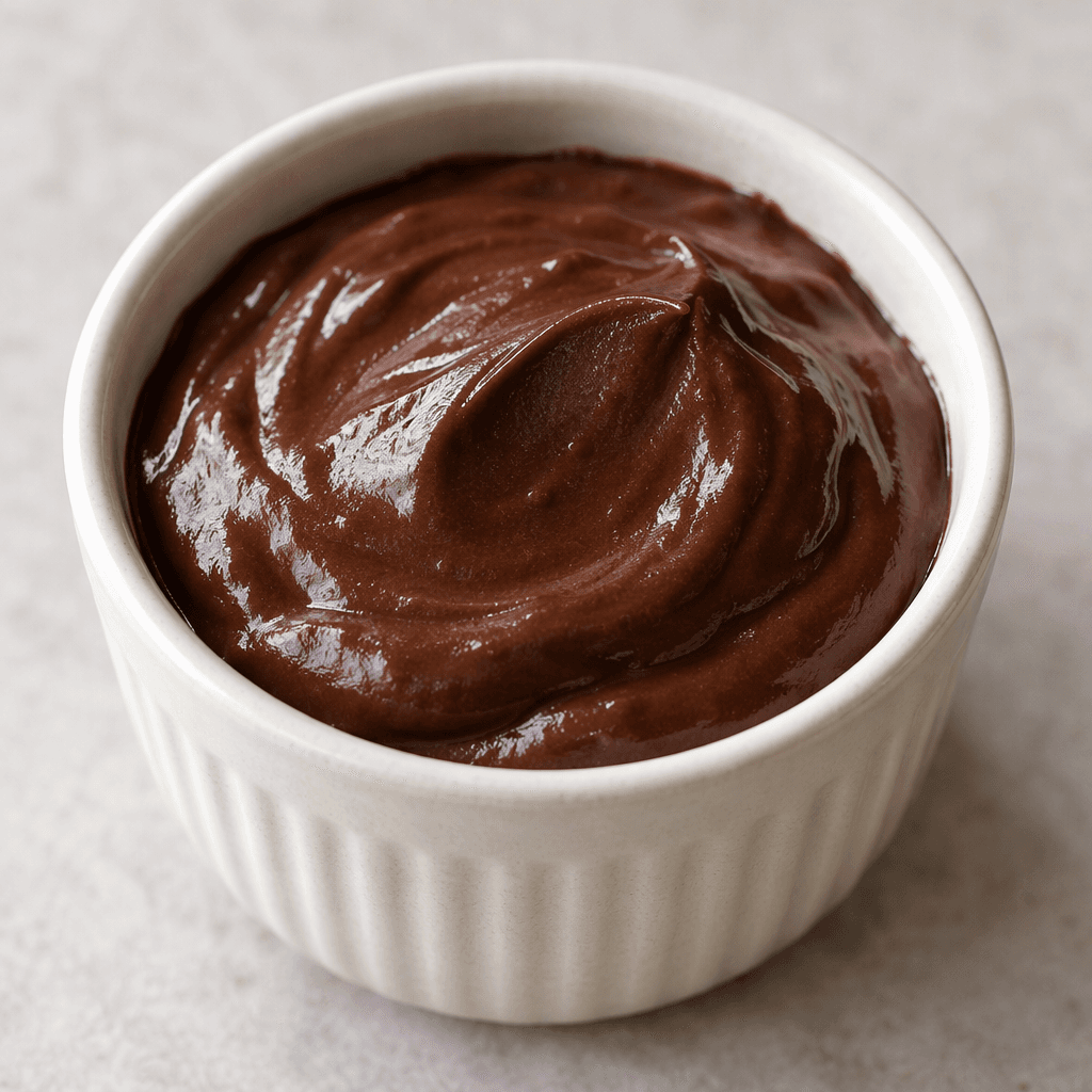 A small portion of deep-brown chocolate pudding sits in a cup, with a smooth, thick surface and a soft sheen.