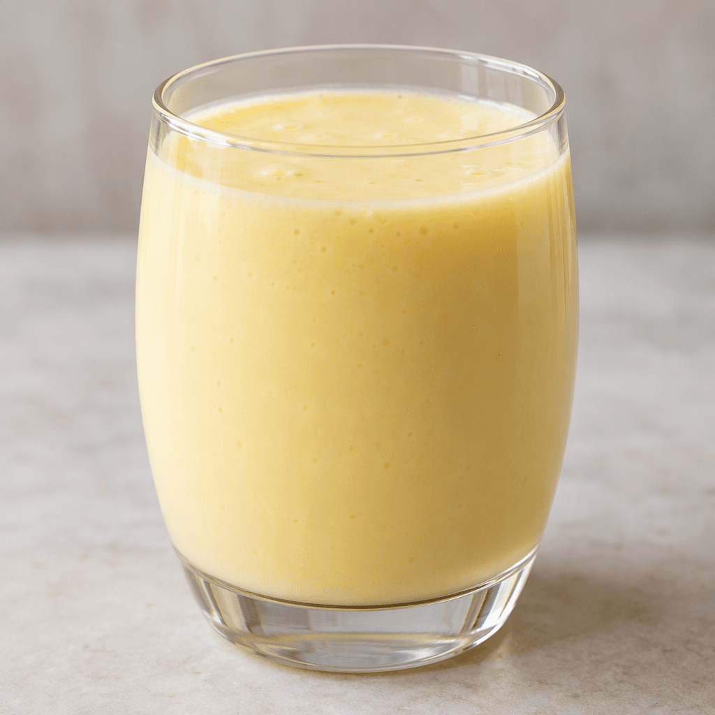 A smooth, opaque, pale cream-yellow drink poured into a clear glass.