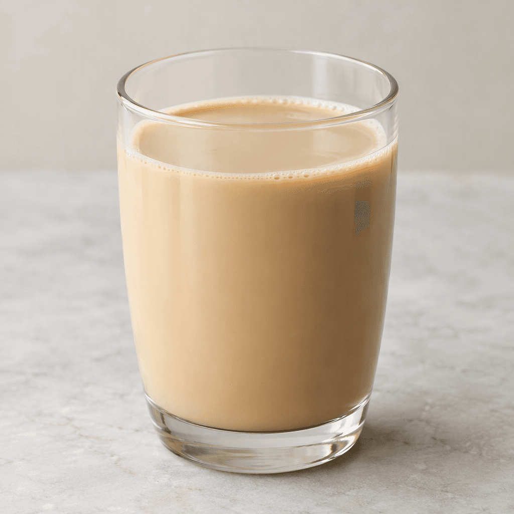 A smooth, opaque light coffee-beige dairy drink with an even liquid texture, shown poured into a clear glass.