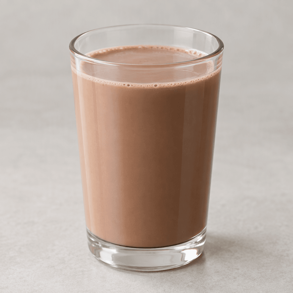 A smooth, opaque light-brown chocolate milk with an even, pourable texture, served in a clear glass.