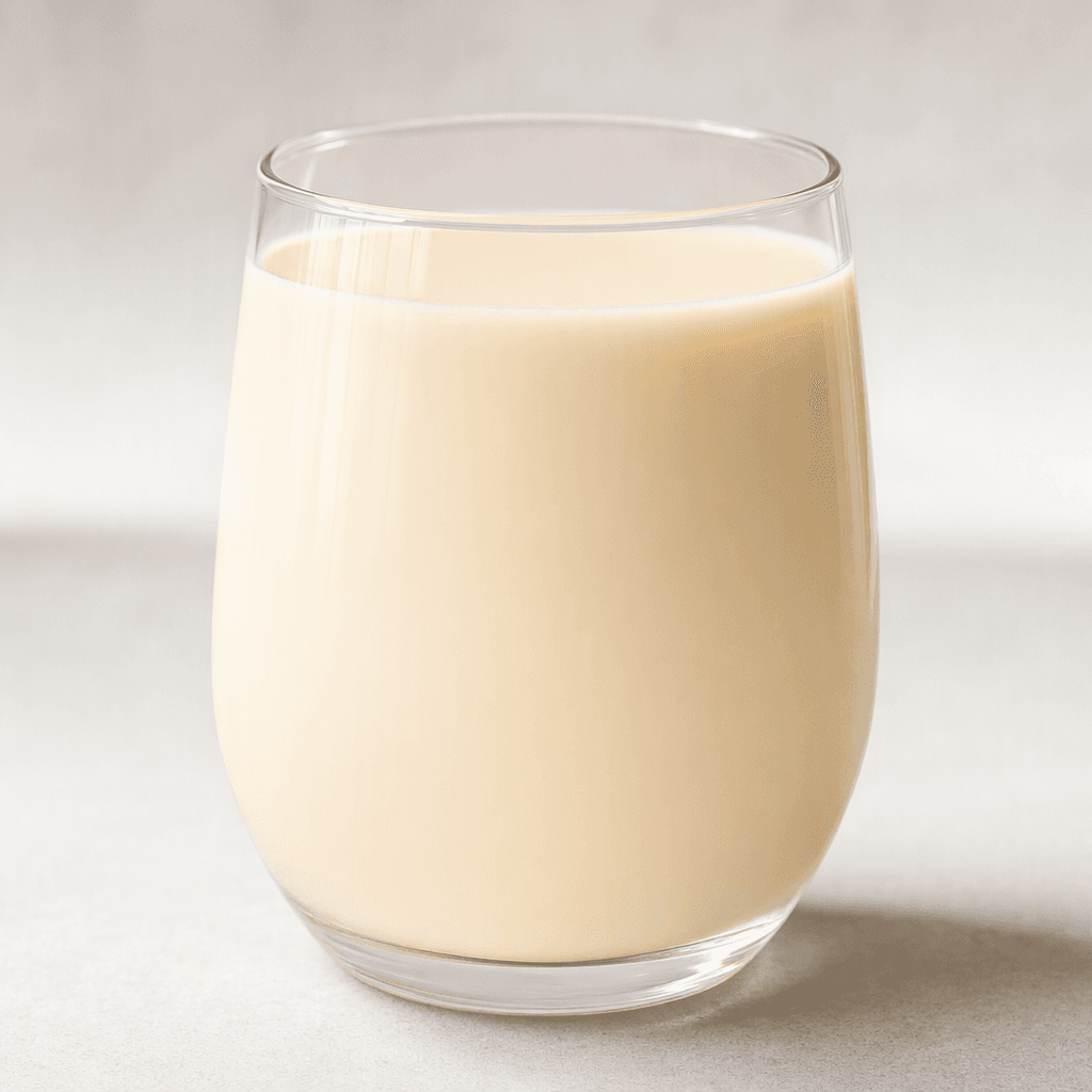 A smooth, opaque, pale ivory liquid with a uniform creamy appearance, served in a clear glass.