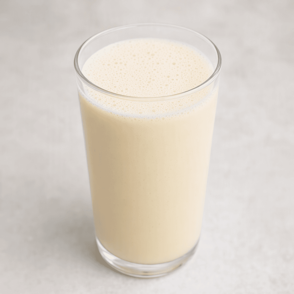 A smooth, pale ivory-colored milk drink with a uniform, lightly creamy appearance, served in a clear glass.