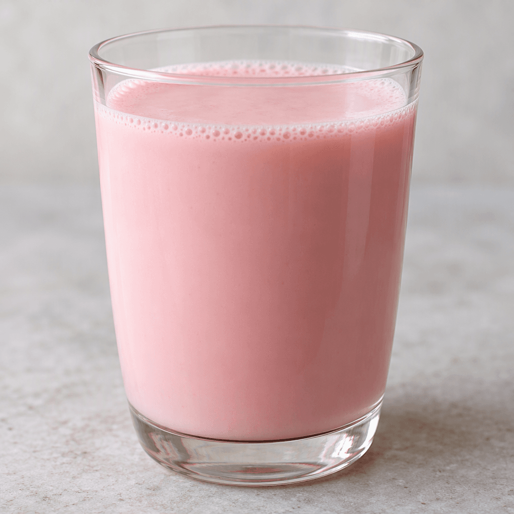 Şeffaf bir bardakta sunulan, rengi homojen, pürüzsüz ve opak açık pembe çilekli süt.