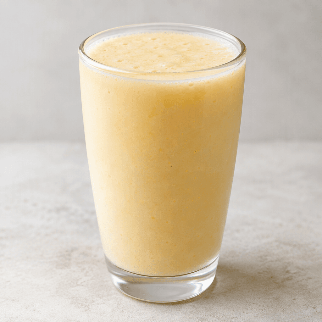 Bardakta sunulan, açık şeftali sarısı renkte, opak ve hafif kremamsı görünümlü kefir içeceği.