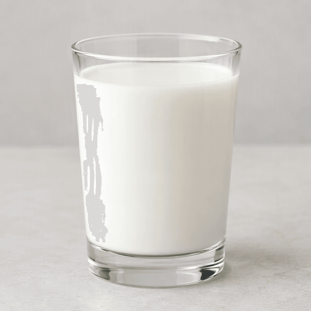 A smooth, opaque white liquid with an even consistency, served in a clear glass.