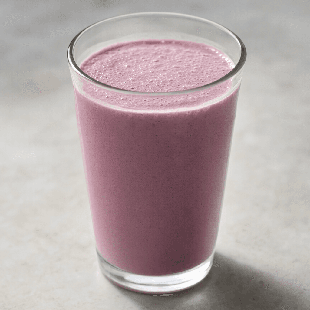 A smooth, pourable dairy drink in a muted berry-pink to purple hue, with a creamy, lightly frothy surface and no visible pieces of fruit.