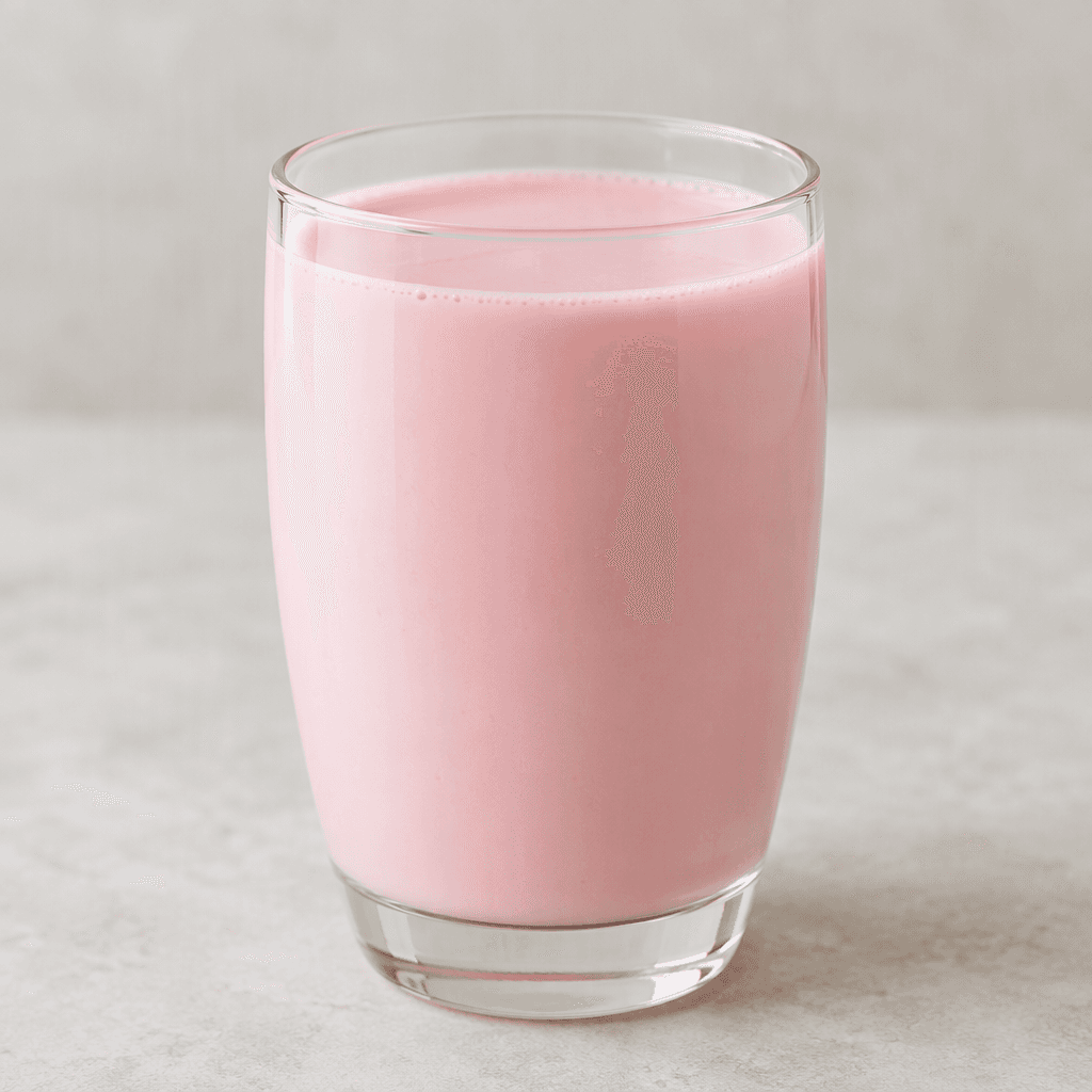 A smooth, opaque, pale pink milk drink fills a clear glass, with an even color and no visible fruit pieces.