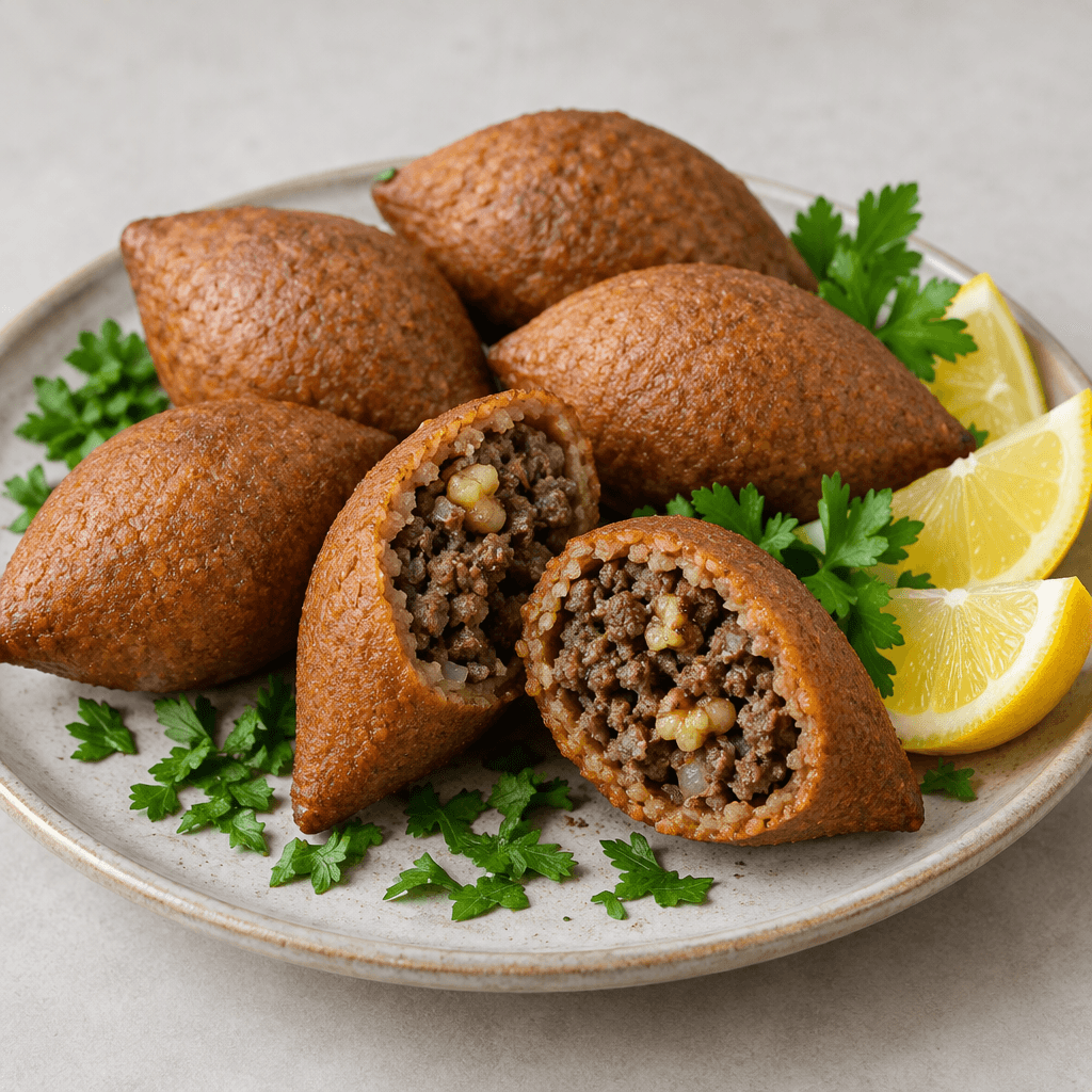 Several smooth, oval-to-pointed bulgur shells with a warm brown surface are arranged on a serving plate, some split open to show a dark, crumbly minced-meat filling with visible onion and walnut pieces, with lemon wedges and chopped parsley alongside.