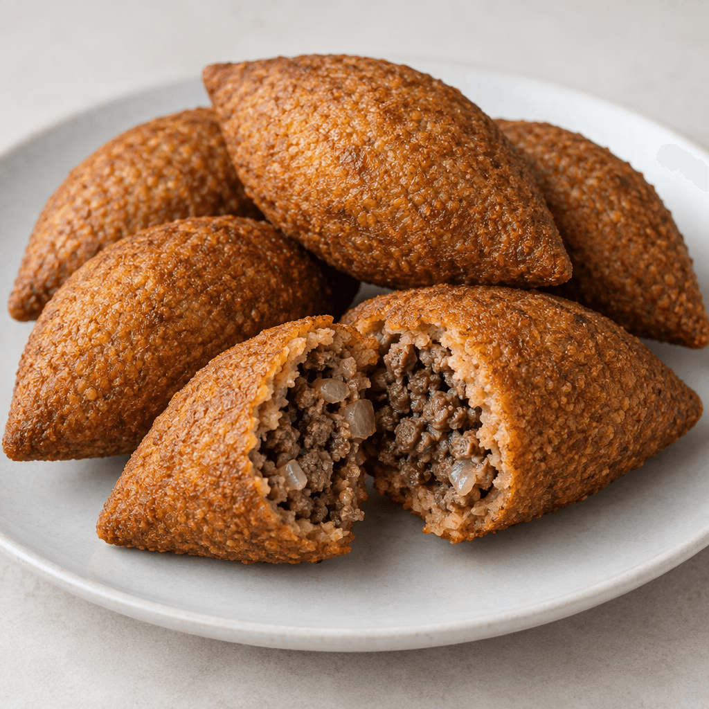 Golden-brown, crisp oval shells made from fine bulgur, tapered at both ends, are arranged on a plate, with one broken open to show a compact filling of browned minced meat and small onion pieces.