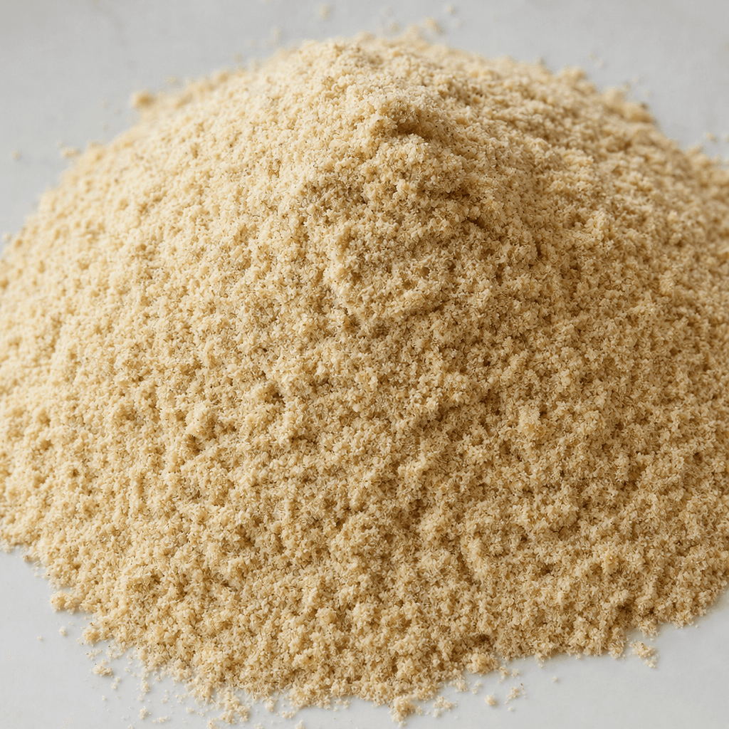 A loose mound of fine, dry oleaster seed powder, pale beige to light brown with a slightly grainy, uneven texture.