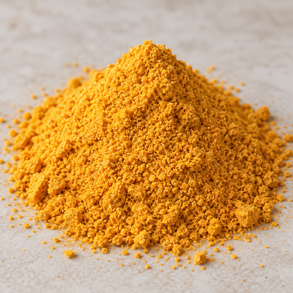A loose mound of fine, slightly grainy sea buckthorn flour, golden yellow to orange in colour.