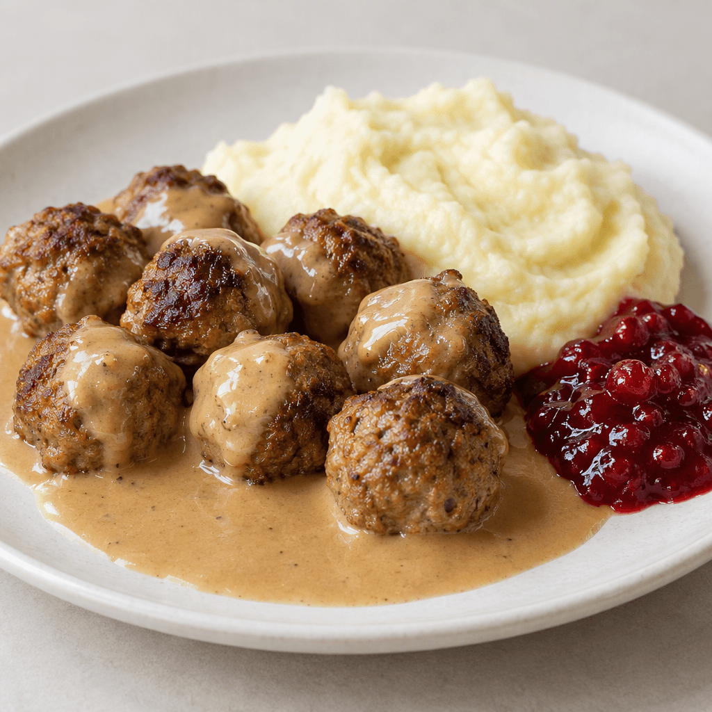 Several small, round, browned meatballs with a slightly rough, crisp-looking exterior are arranged on a plate, coated in smooth pale brown gravy, with a mound of creamy white mashed potatoes and a small portion of glossy red berry sauce beside them.