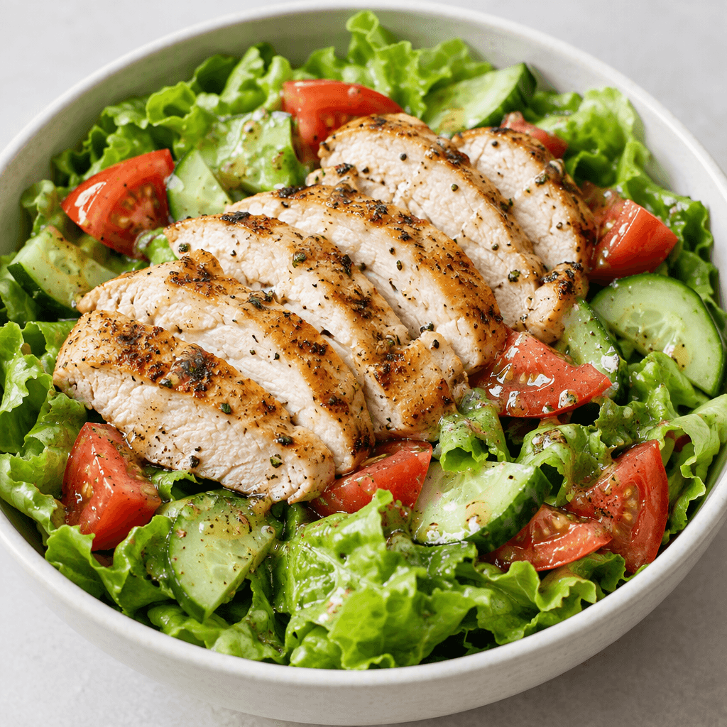 A bed of crisp green lettuce is topped with sliced grilled chicken breast with browned edges, red tomato pieces and pale green cucumber, with a light dressing visible over the salad.
