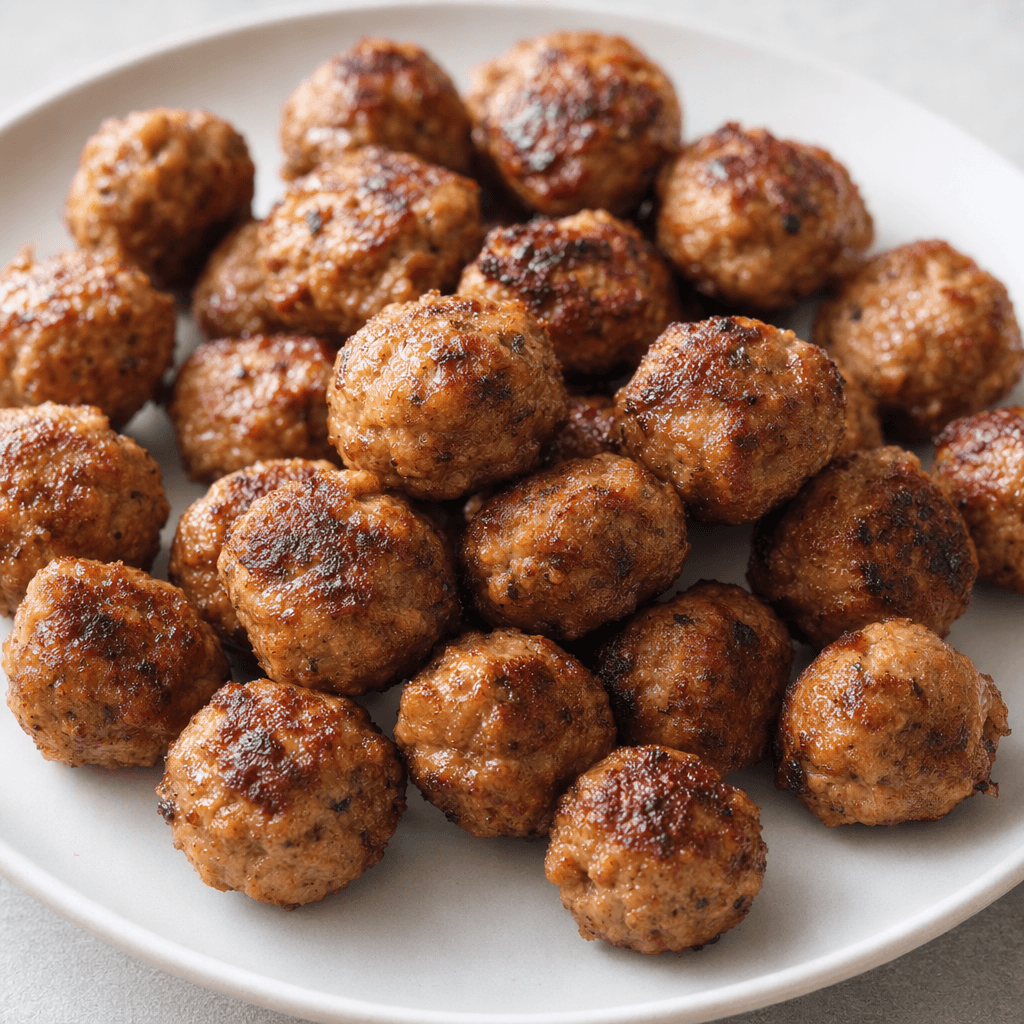 Small, round meatballs with evenly browned, slightly uneven surfaces are arranged in a close cluster on a plate.