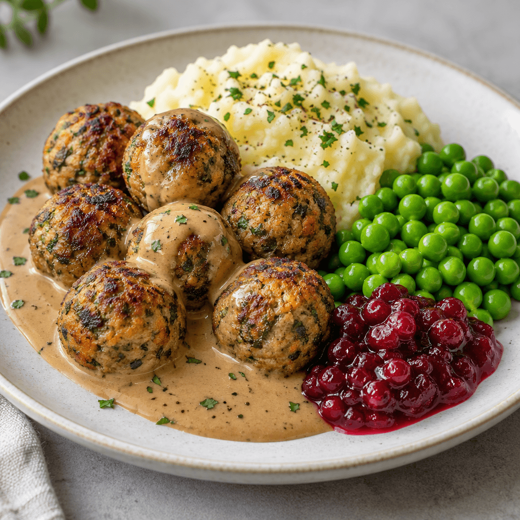 A plate of small round, browned vegetable balls beside pale mashed potatoes, bright green peas, creamy light-brown sauce, and a glossy red dollop of berry preserve.