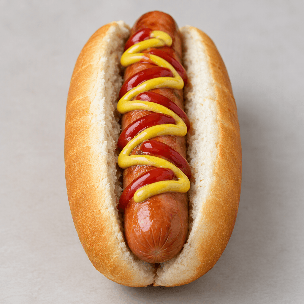 A smooth reddish-brown sausage sits lengthwise in a soft, lightly golden split bun, with thin zigzags of yellow mustard and red ketchup on top.