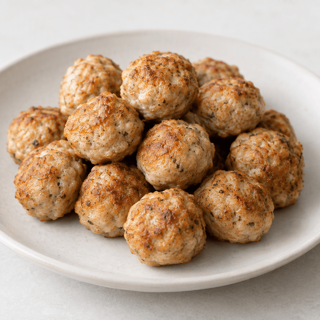 Small, evenly rounded chicken meatballs with a lightly browned, matte surface and fine, slightly uneven texture, served together on a plate.