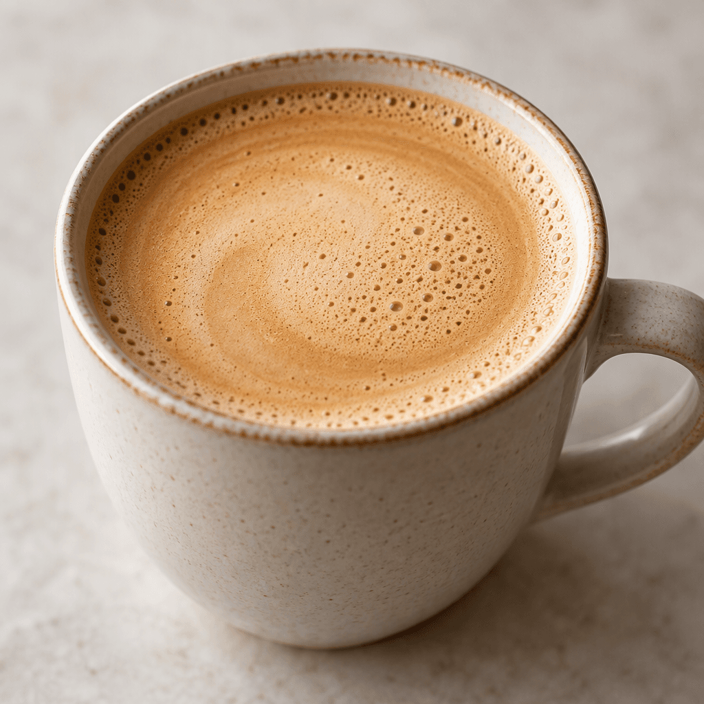 A light caramel-brown coffee drink sits in a cup, with a smooth, creamy surface and a thin layer of fine bubbles.