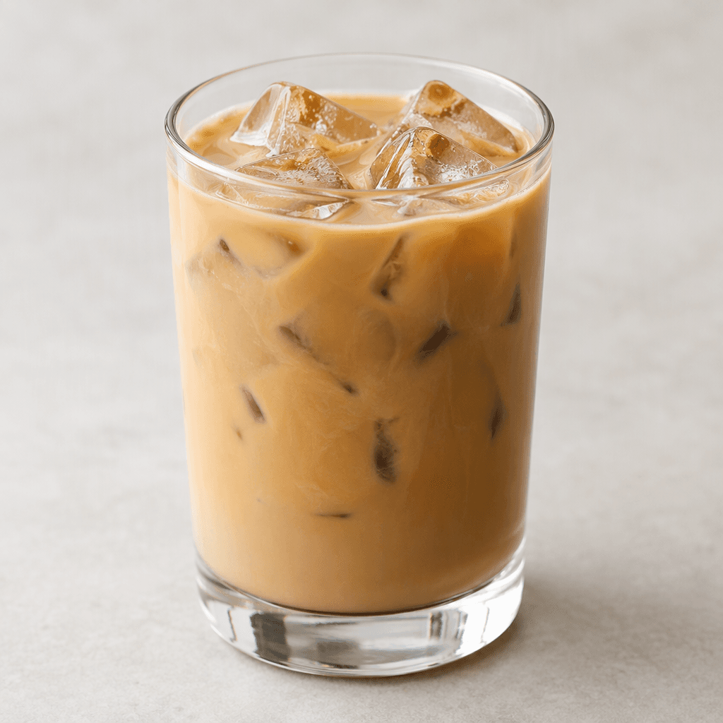 A pale caramel-brown iced coffee with a smooth, milky appearance and visible ice cubes, served in a clear glass.