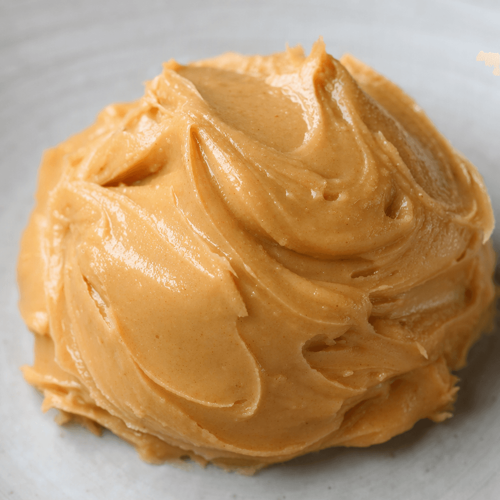 A thick, creamy beige-brown peanut spread sits in a small mound, with a slightly glossy surface and soft swirls.