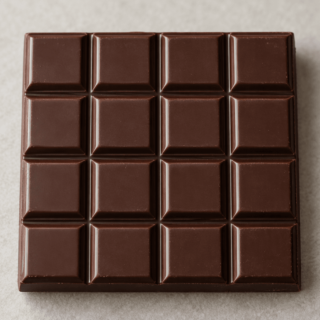 A dark-brown chocolate bar with a smooth surface and evenly divided rectangular segments.