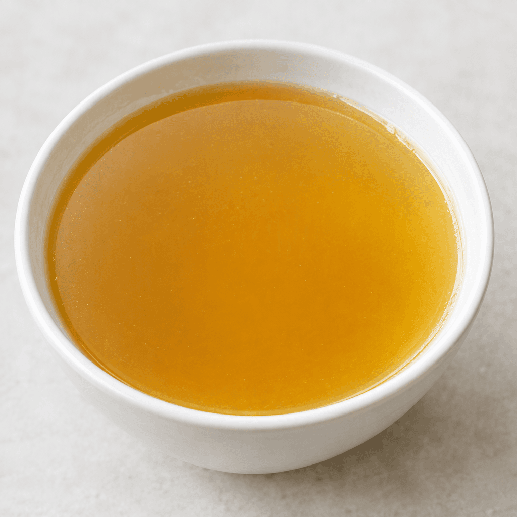 A bowl of clear amber-golden broth with a thin glossy sheen on the surface, appearing smooth and liquid with no visible solid pieces.