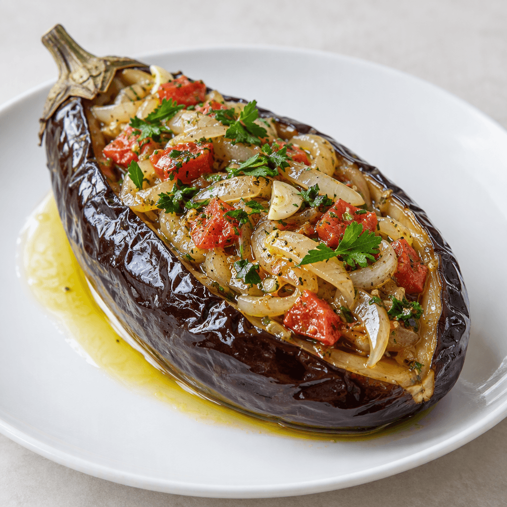 A whole deep-purple eggplant split lengthwise and filled with a soft mound of translucent onions, red tomato pieces, garlic and green herbs, its glossy olive-oil sheen pooling on a white plate.
