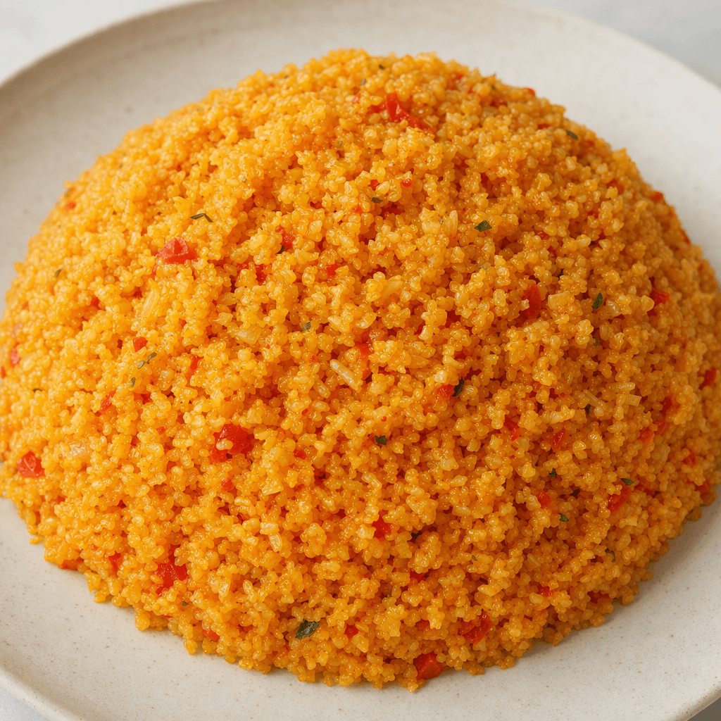 A mound of fine, tiny-grained bulgur pilaf, golden-orange with scattered red tomato flecks, sits on a plate with its moist grains softly clumped yet still distinct.