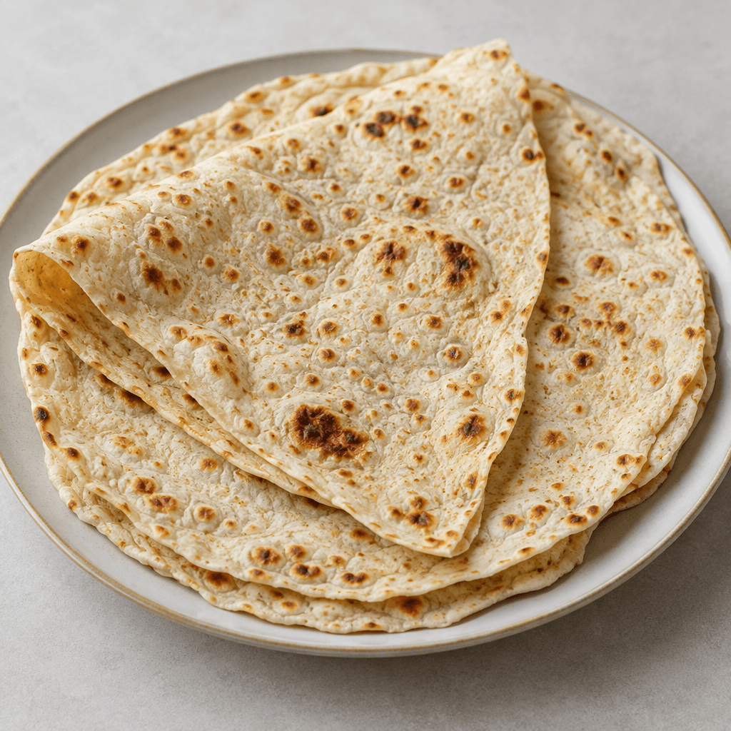 A large, very thin, round flatbread with a pale beige surface, scattered brown toasted spots, and slightly irregular edges, served folded or loosely stacked on a plate.