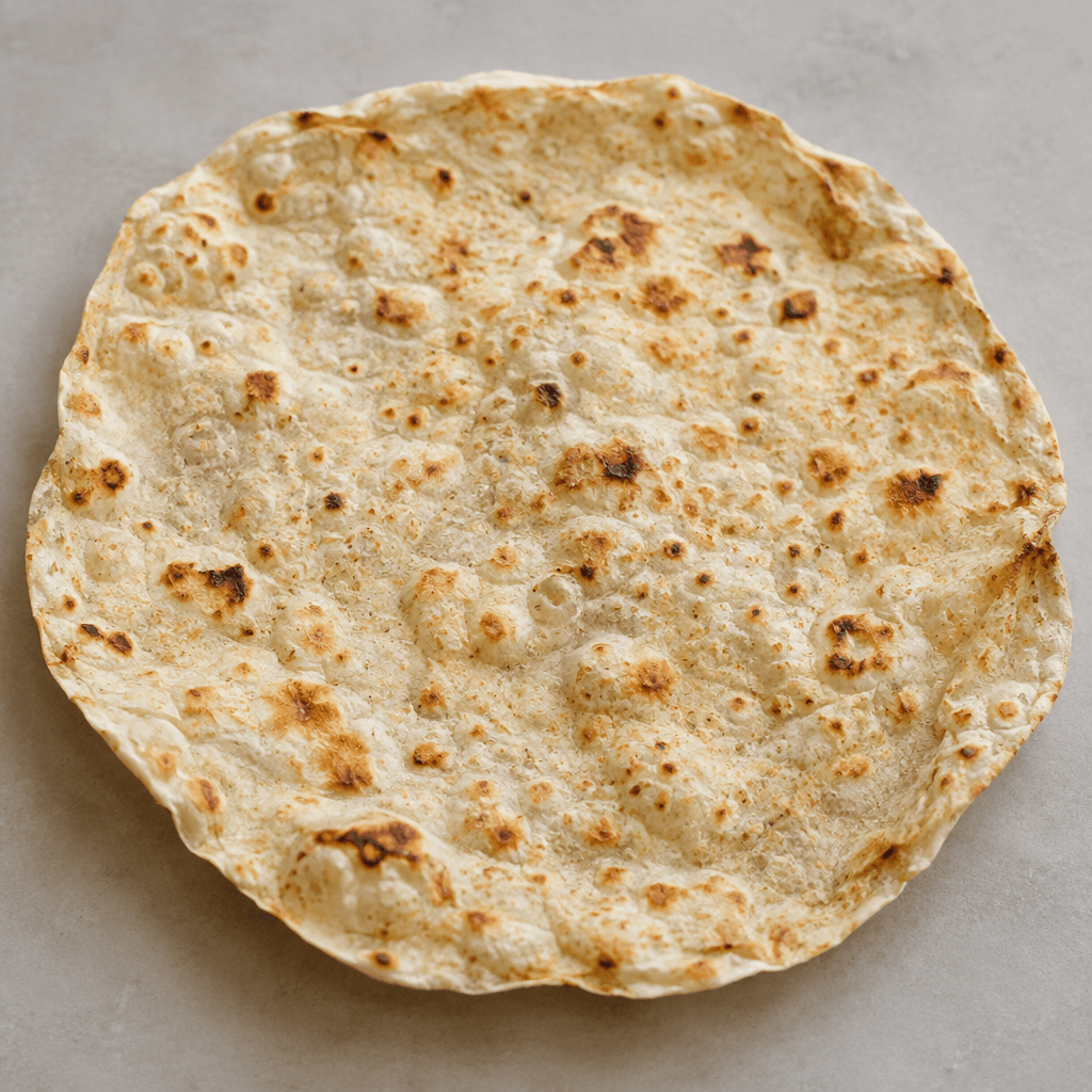 A very thin, wide, irregularly round flatbread with a pale beige surface, scattered toasted brown spots, slightly blistered texture, and soft, flexible edges, served flat or loosely folded.