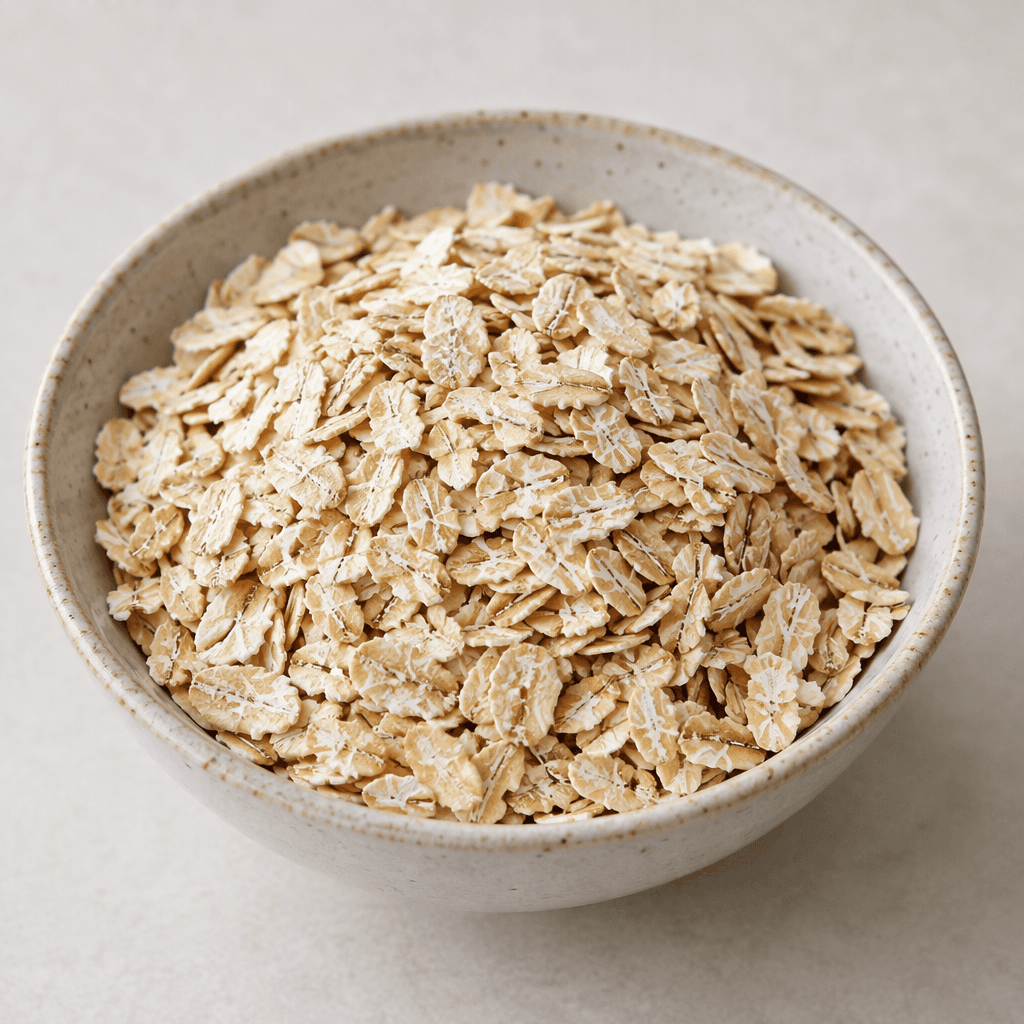 Pale beige, finely rolled oat flakes with small, thin, irregularly shaped pieces and a dry, slightly rough surface, loosely piled in a shallow bowl.