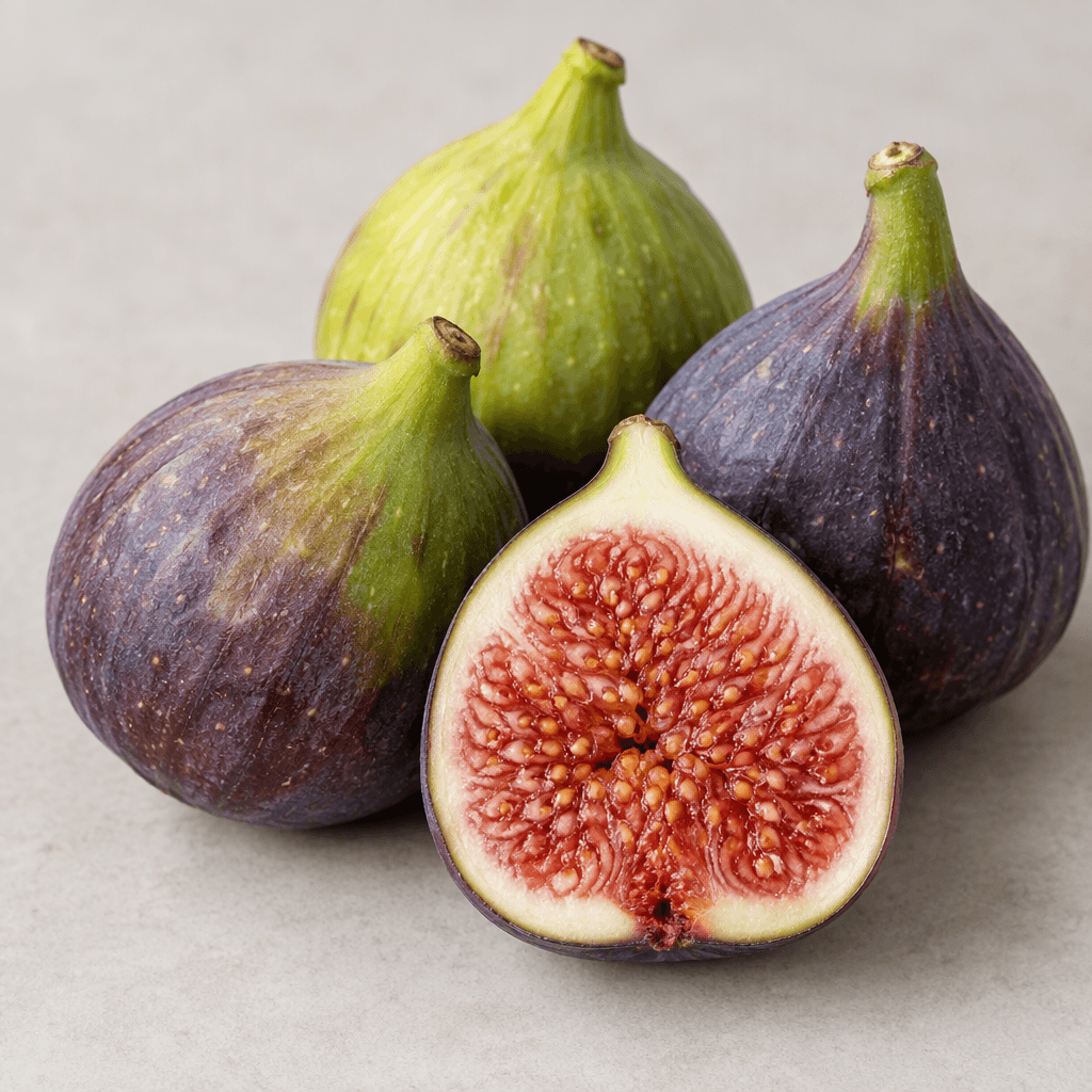 Ripe figs with rounded, slightly teardrop-shaped bodies and short stems, their smooth skins ranging from green to deep purple, with one cut open to reveal soft pink-red flesh densely filled with tiny pale seeds.