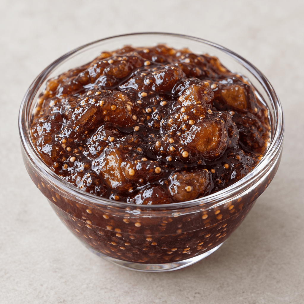 Thick, glossy fig jam in a small clear glass dish, deep purple-brown in colour with visible tiny pale seeds and soft, irregular pieces of fig suspended throughout.