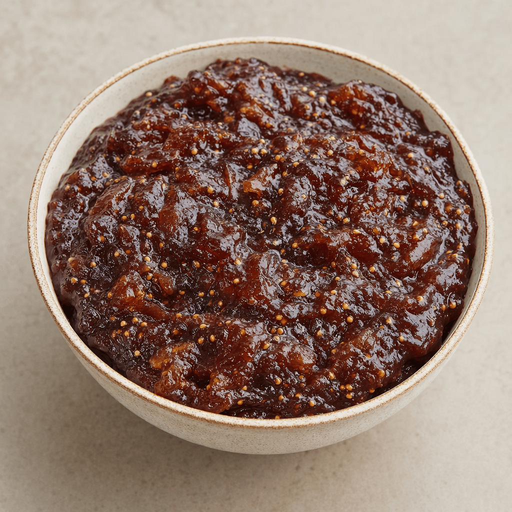 A thick, glossy deep purple-brown fig spread sits in a small bowl, with tiny pale seeds and soft, irregular pieces of fruit visible throughout.