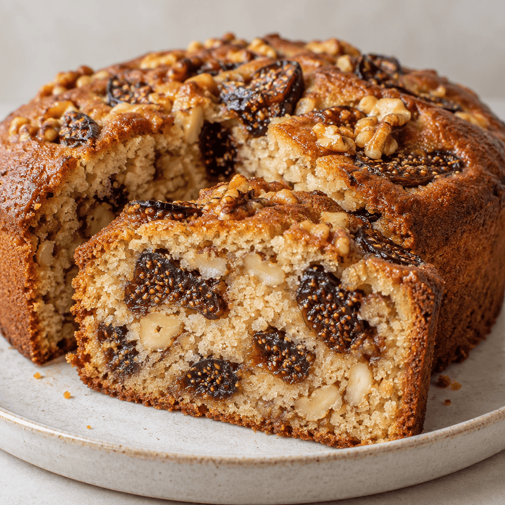 A golden-brown cake is cut into thick slices, revealing a soft, close-textured crumb studded with dark fig pieces and pale, craggy walnut chunks.