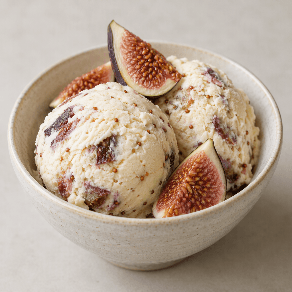 Two rounded scoops of pale cream-coloured ice cream are served in a bowl, with purple fig pieces and tiny fig seeds visible throughout and a few fresh fig wedges arranged on top.
