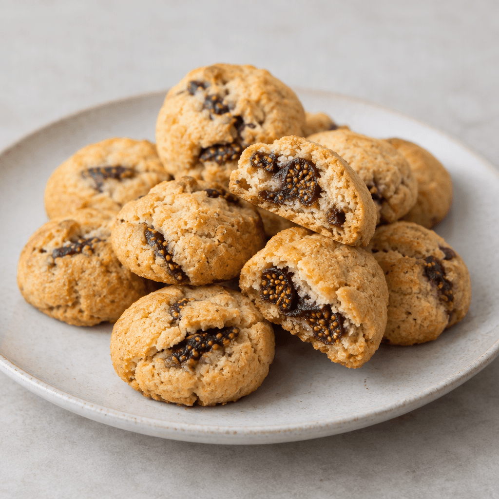 Small golden-brown cookies with slightly cracked, crumbly surfaces and dark purple-brown fig pieces or filling visible inside, arranged on a simple plate.