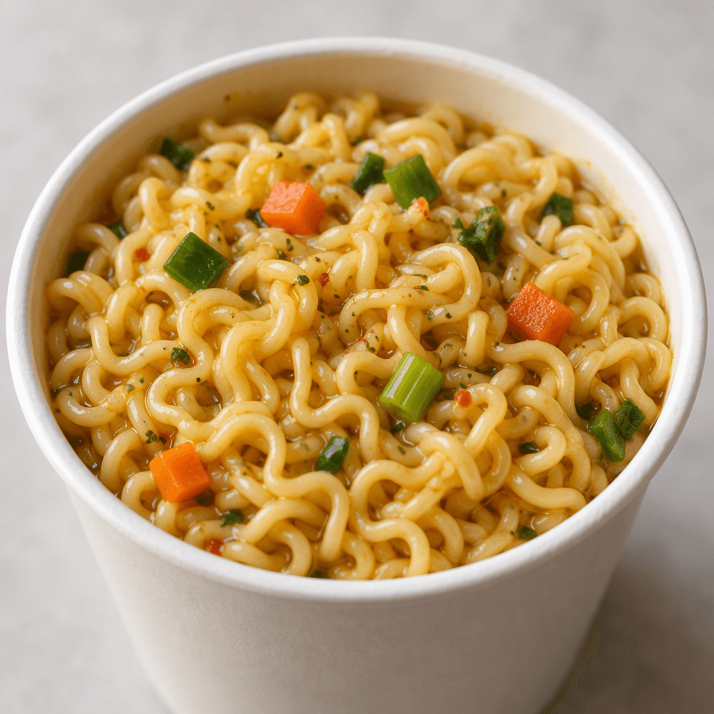 Curly golden noodles fill a cup, with a few small green and orange vegetable pieces and seasoning flecks visible among them.