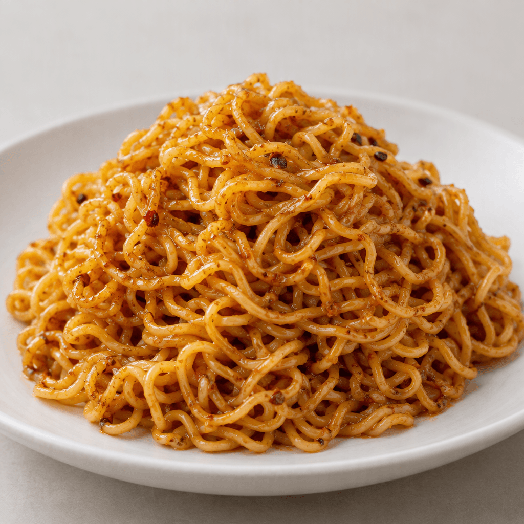 A mound of thin, wavy yellow noodles is coated in a glossy reddish-brown seasoning, with small flecks of spice visible throughout.