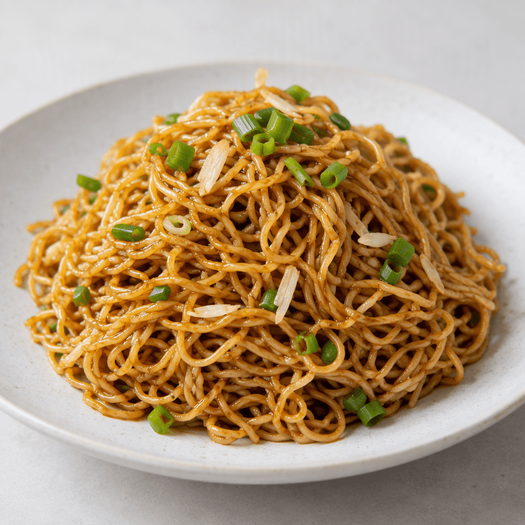 A mound of thin, curly golden noodles coated in glossy brown sauce sits on a plate, with a few small green and pale garnish pieces scattered over the top.