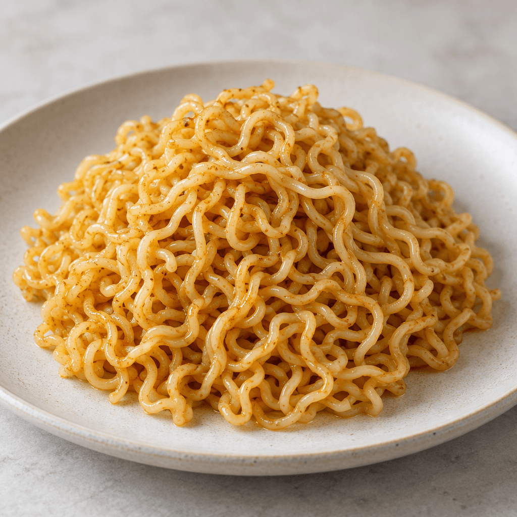 A small mound of pale golden, thin wavy noodle strands sits on a plate, lightly coated in seasoning and without visible oil or garnishes.