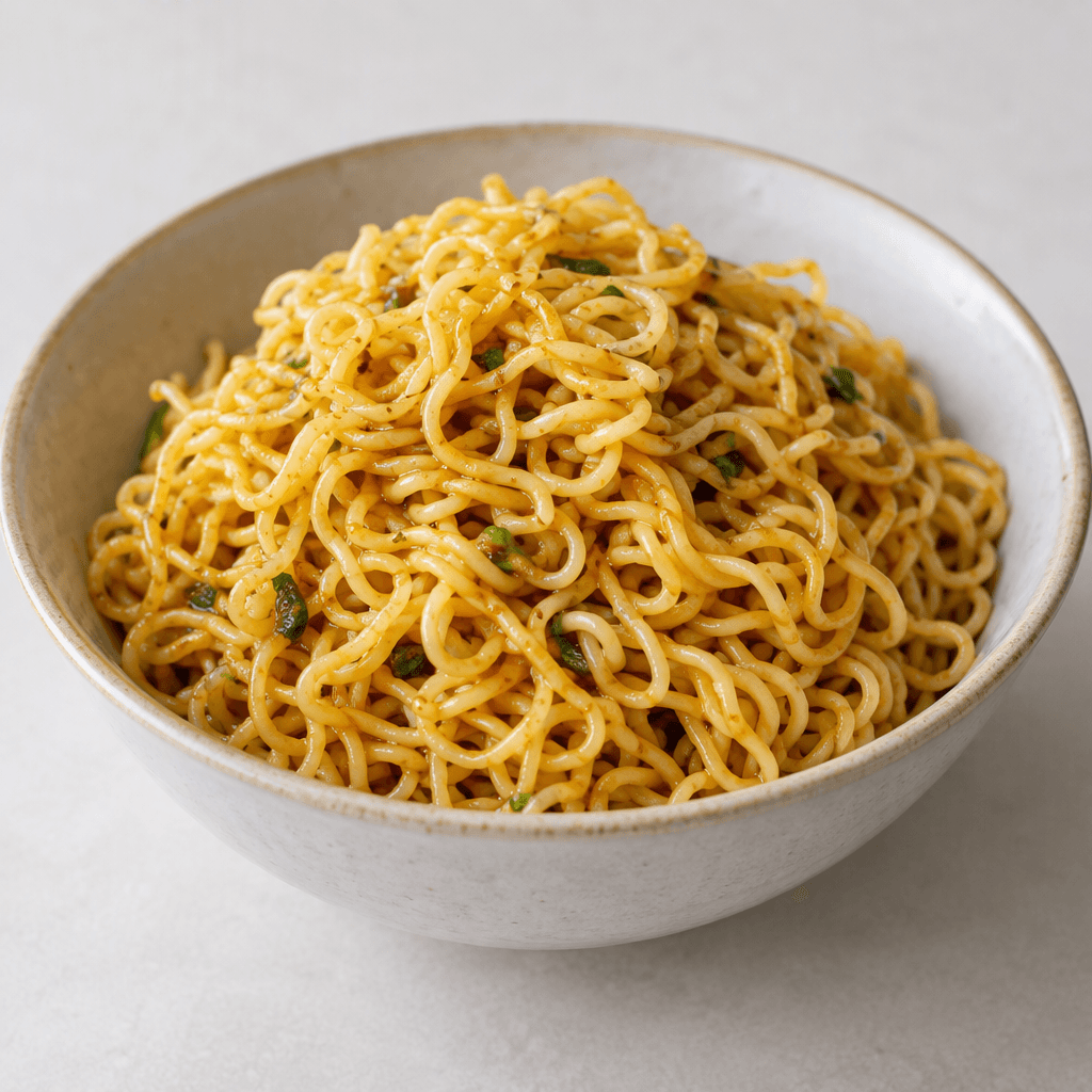 A mound of thin, curly golden-yellow noodles sits in a bowl, with loose strands lightly coated in a glossy seasoning sauce.