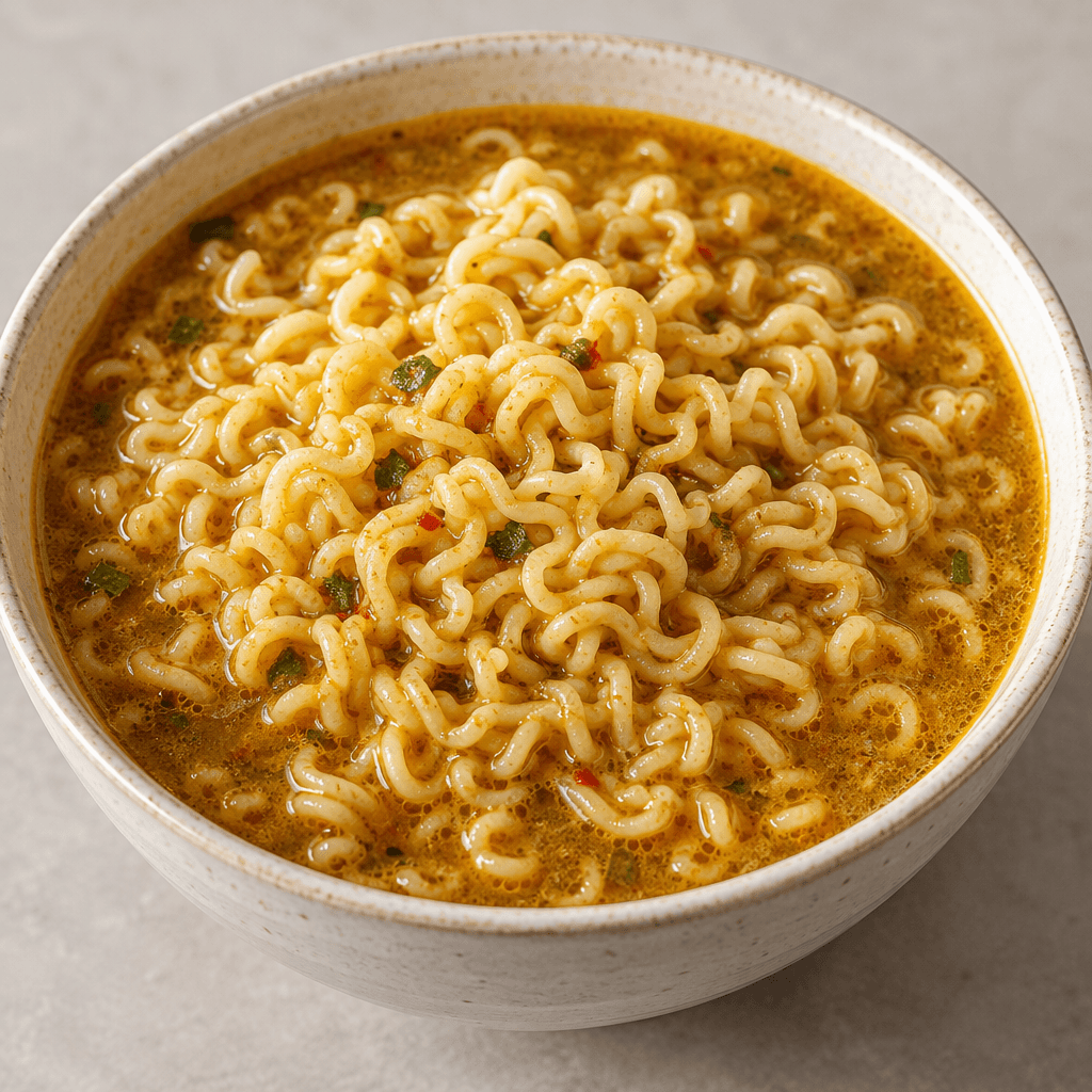 A bowl of thick, pale-yellow curly noodles sits in a clear golden-brown curry broth, with a light sheen of oil on the surface.