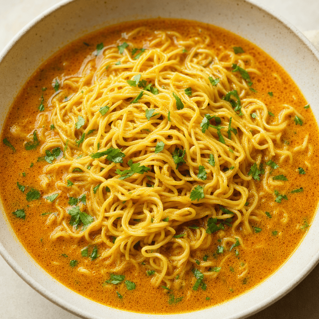 Thin, wavy yellow noodles sit in a shallow pool of golden-orange curry broth, with a few small green herb flecks on top.