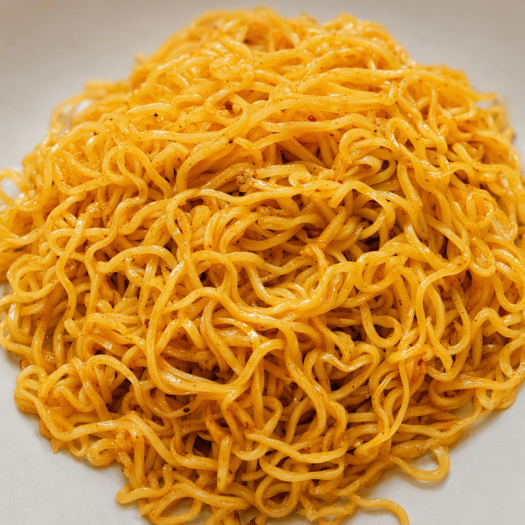 A loose mound of thin, curled golden-yellow noodles coated in a glossy orange-brown seasoning, with a few tiny spice flecks and no broth.