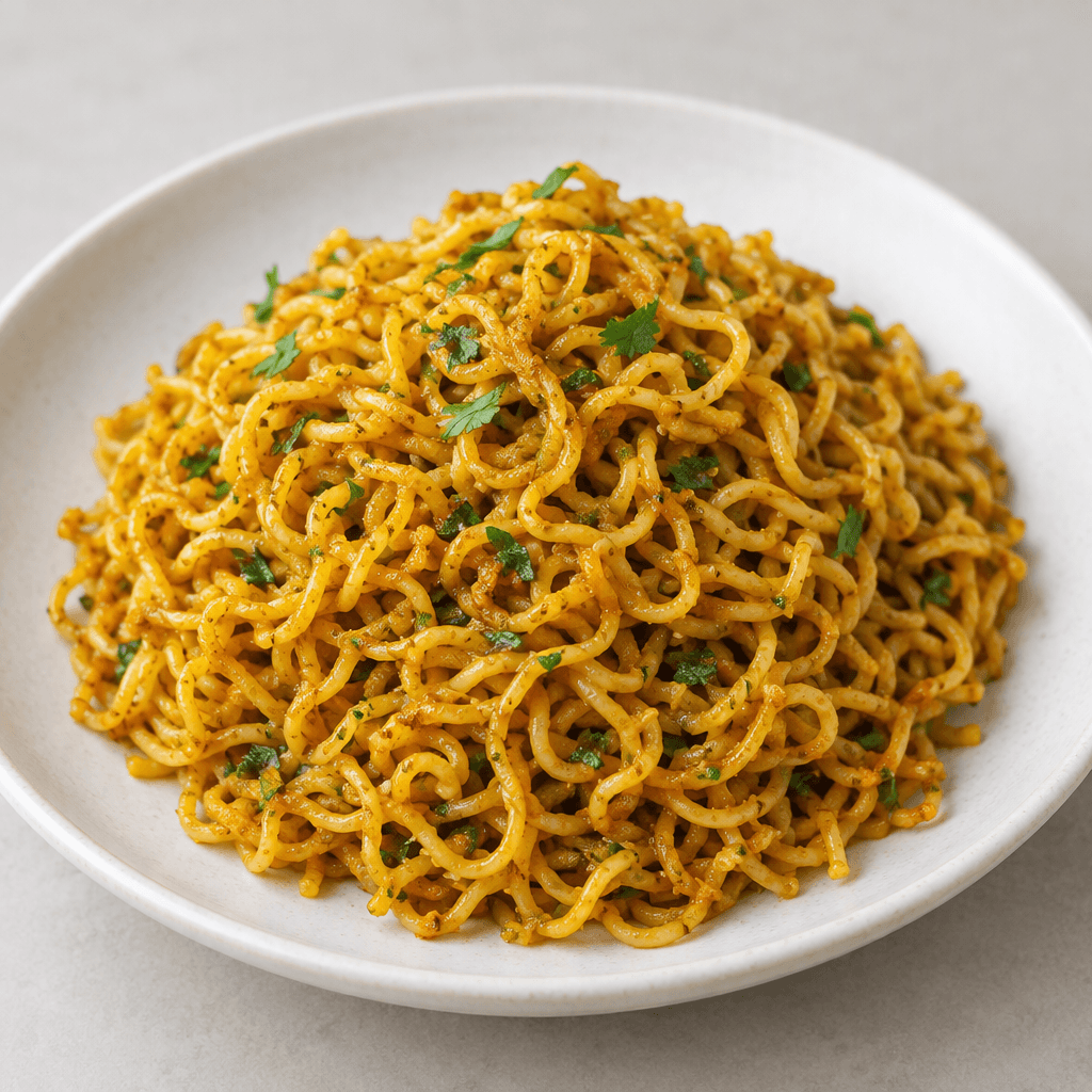 A mound of thin, curly, golden-yellow noodles coated in a glossy orange-brown curry seasoning, served dry on a plate with small green herb flecks.
