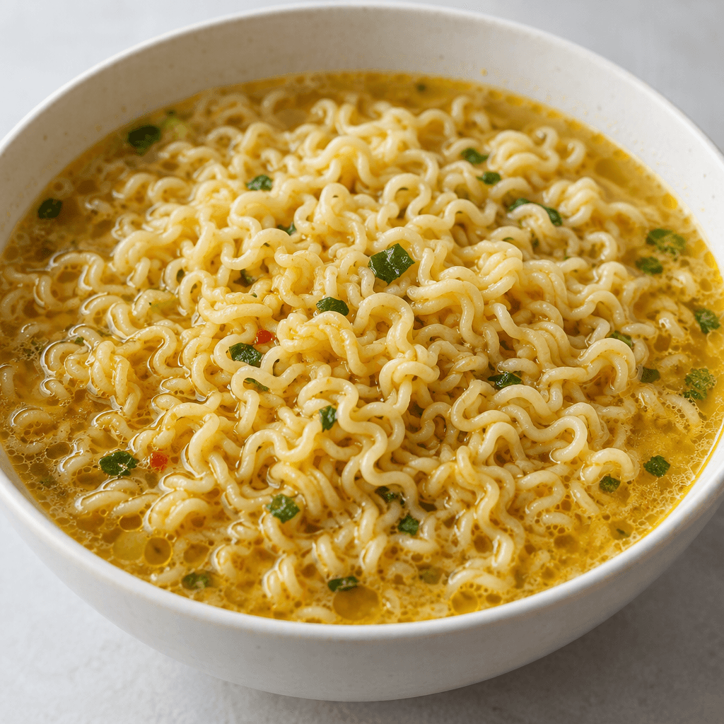 Pale golden, tightly curled noodles sit in a shallow yellow-orange broth, with a light sheen and a few small green herb flecks on top.