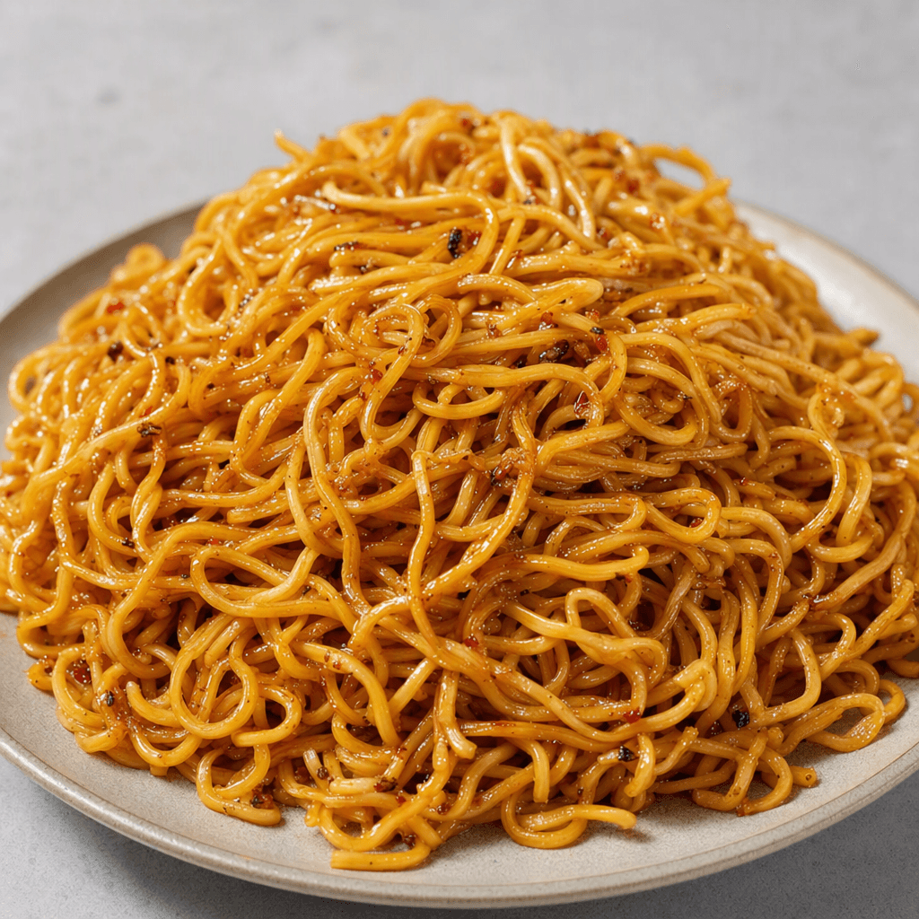 A loose mound of thin, curled golden-yellow noodles coated in a glossy brown sauce, with small seasoning flecks clinging to the strands, sits on a plate.